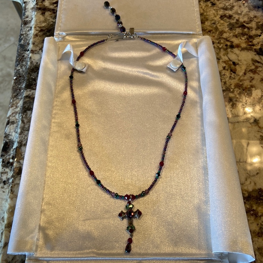 Beaded and Jewel Cross Necklace. 8” neck.” 91/2” total length. Beautiful colors